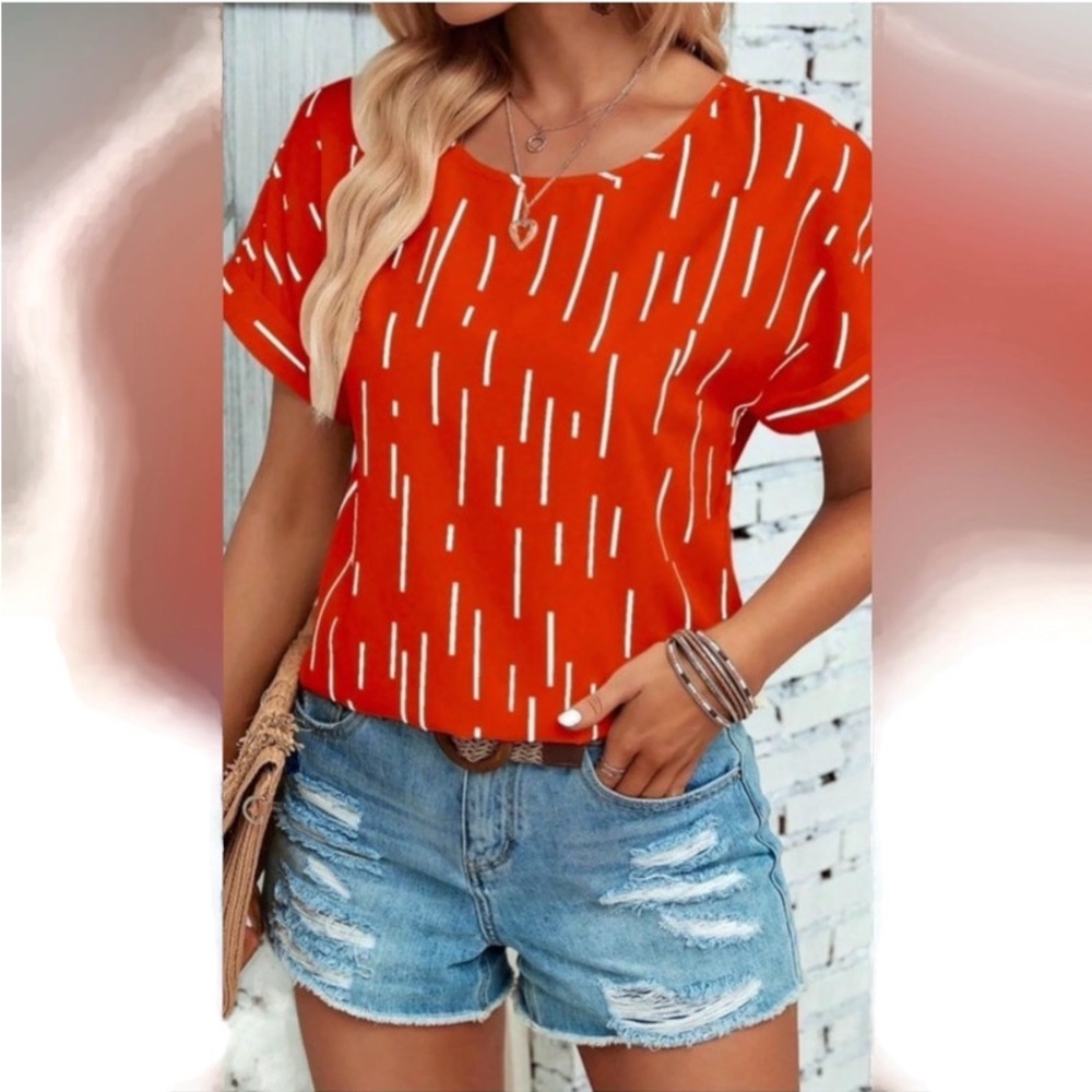NWOT. Orange & Beige Blouse size M(6)